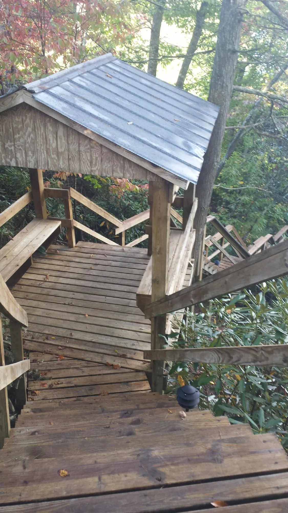 Metal roofed shelter over wooden steps on a wooded walkway — Skylight Repair & Installation work by our crew in Avon Park